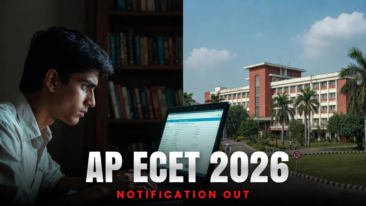 An aspiring engineering student filling the AP ECET 2026 Application on a laptop with APSCHE official notification in the background.